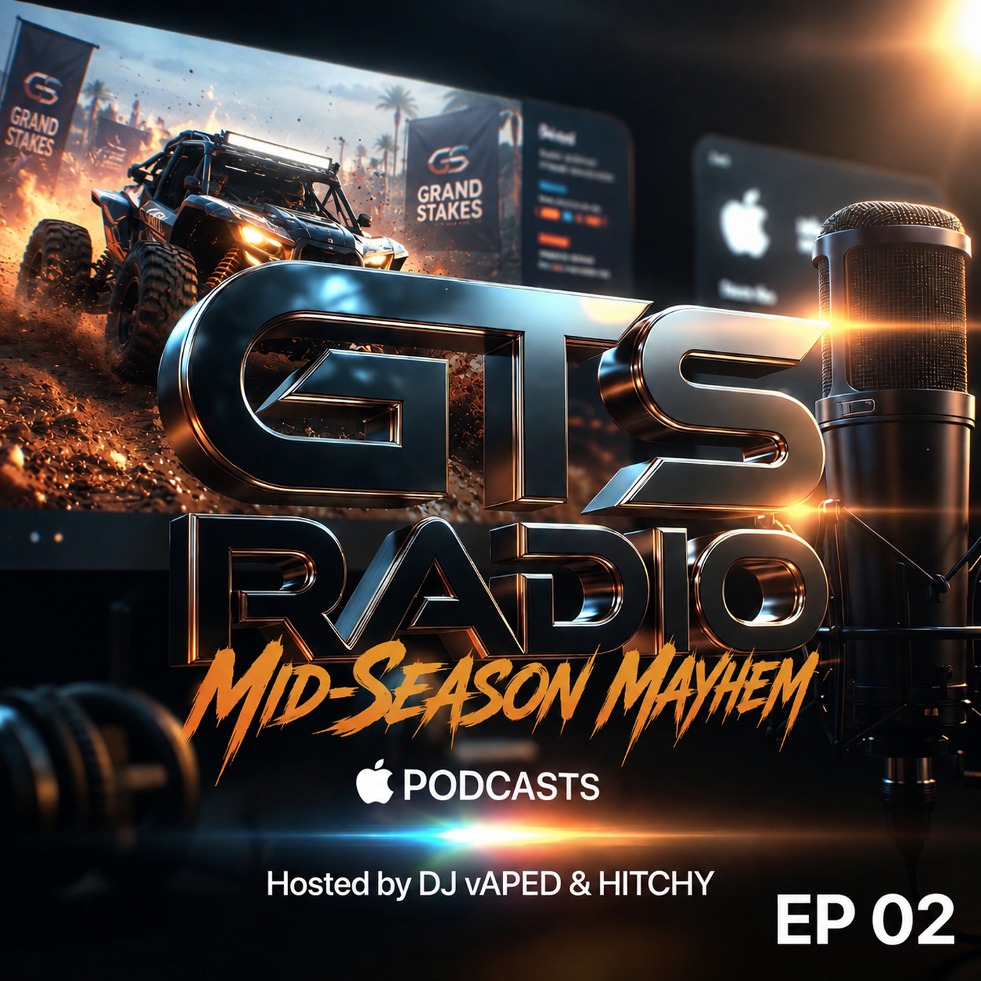 GTS RADIO EP 02 Mid-Season Mayhem cover art with racing scene, microphone, and Apple Podcasts atmosphere